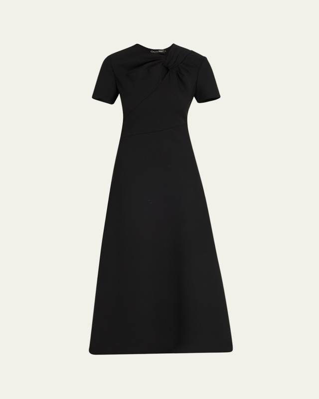 Twisted-Neck Short-Sleeve Double Stretch Wool Midi Dress